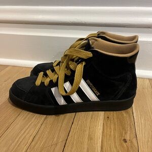 adidas Black Suede High-Top Sneakers with White Stripes and Tan Accents